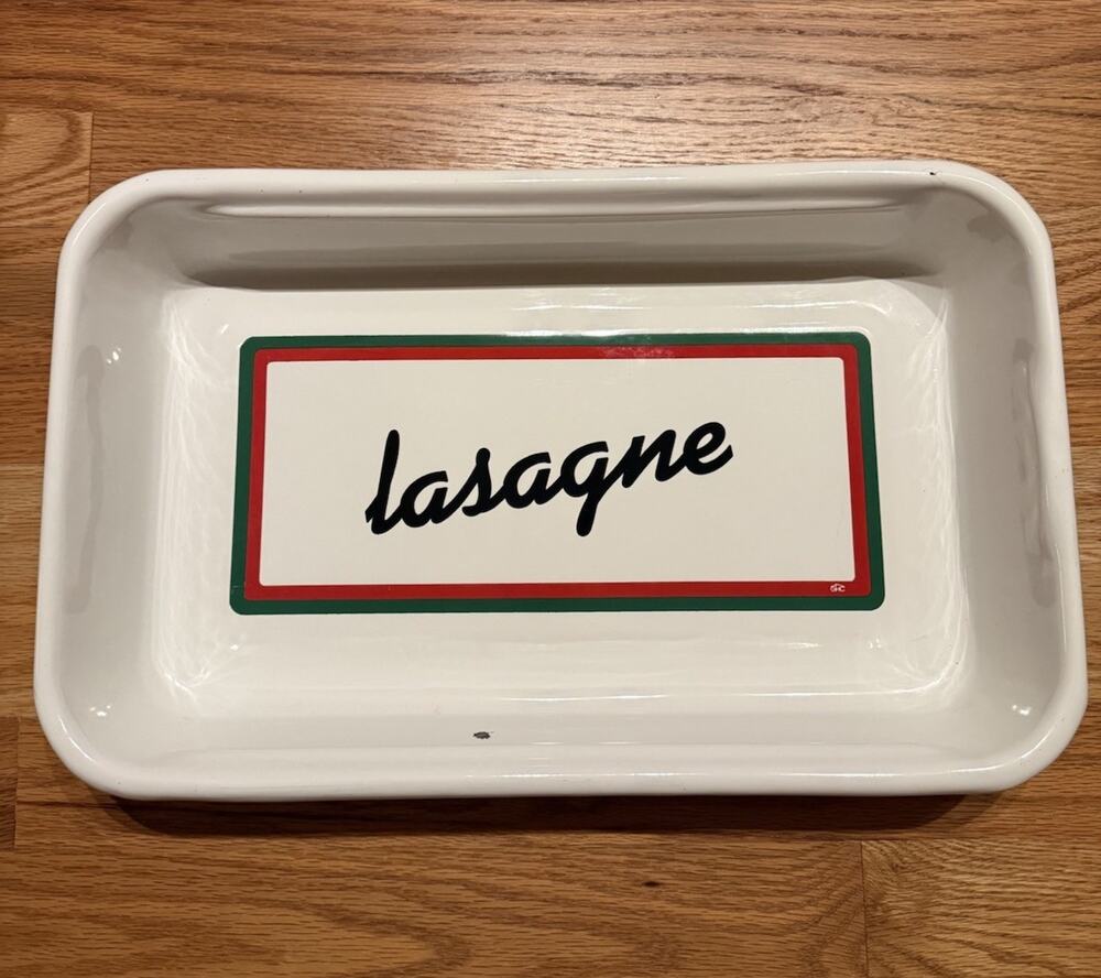 Vintage White Lasagne Enamel Metal Baking Roasting Cake Pan By GHC 16” X 10”